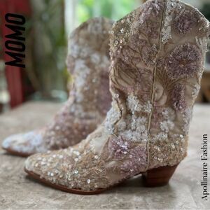 MOMO NEW YORK SELINA SEQUIN EMBROIDERED WESTERN BOOTS FREE PEOPLE NEW SIZE 39